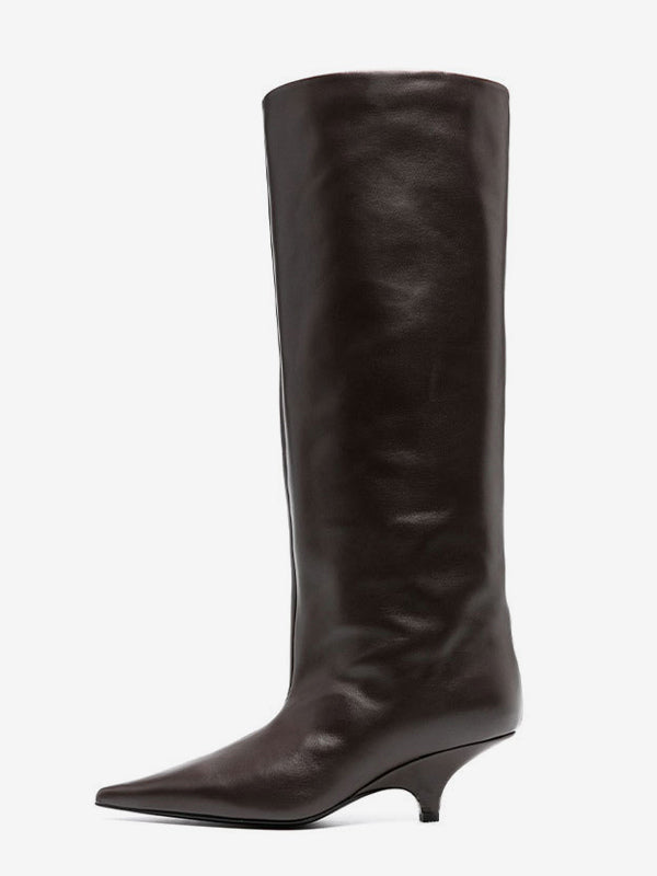 Brown Pointed-Toe Kitten Heel Knee-High Boots — view 3