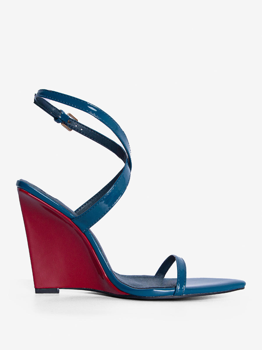 Teal Open-Toe Contrast Panel Wedge Sandals — view 4