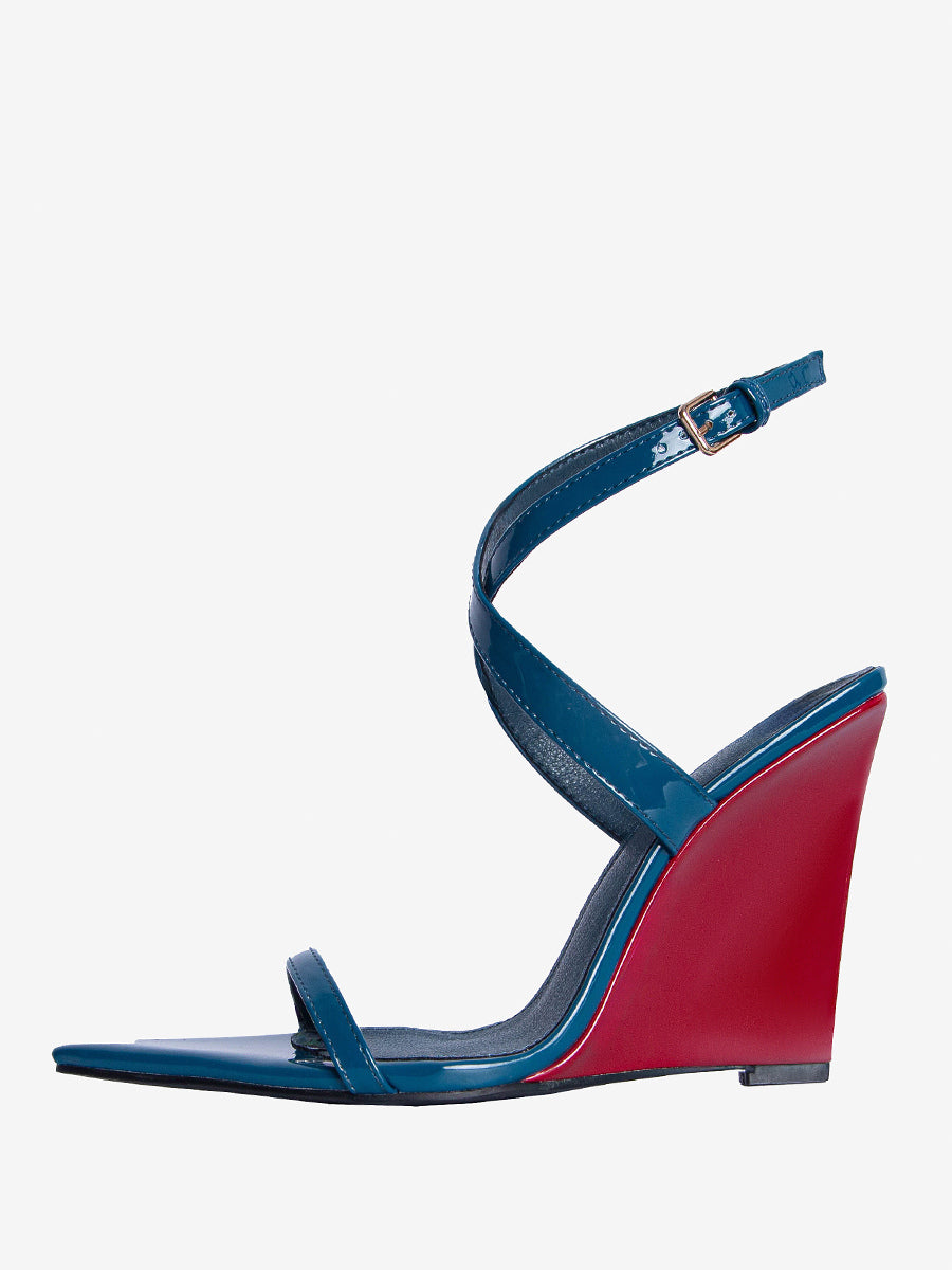 Teal Open-Toe Contrast Panel Wedge Sandals — view 3