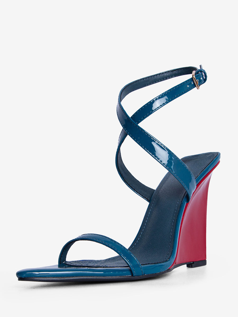 Teal Open-Toe Contrast Panel Wedge Sandals — view 2
