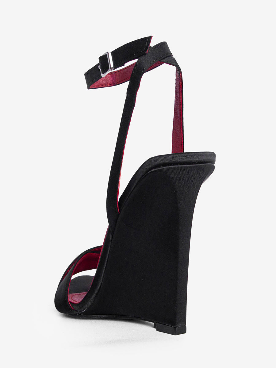 black open toe satin wedge sandals — view 6
