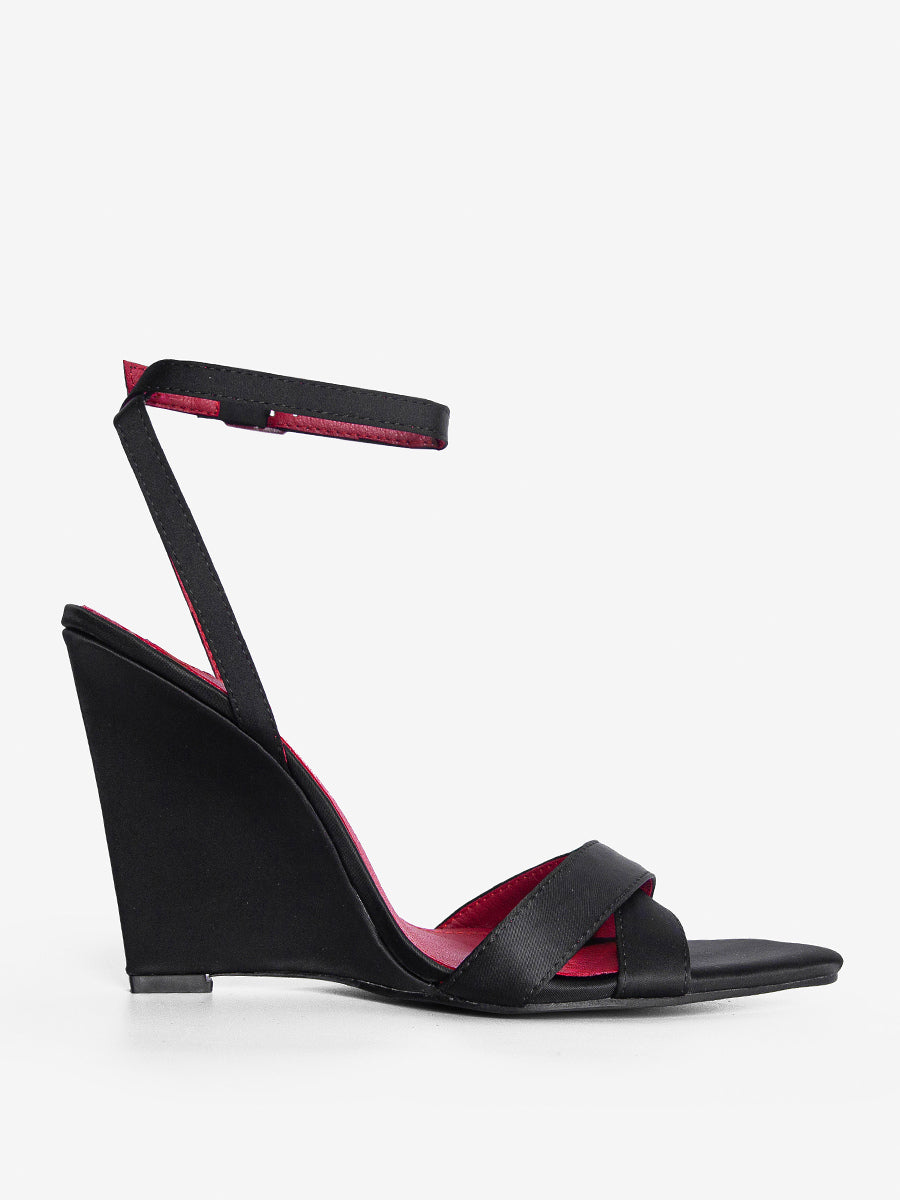 Black Open-Toe Satin Wedge Sandals — view 4