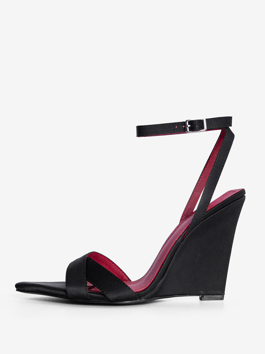 Black Open-Toe Satin Wedge Sandals — view 3