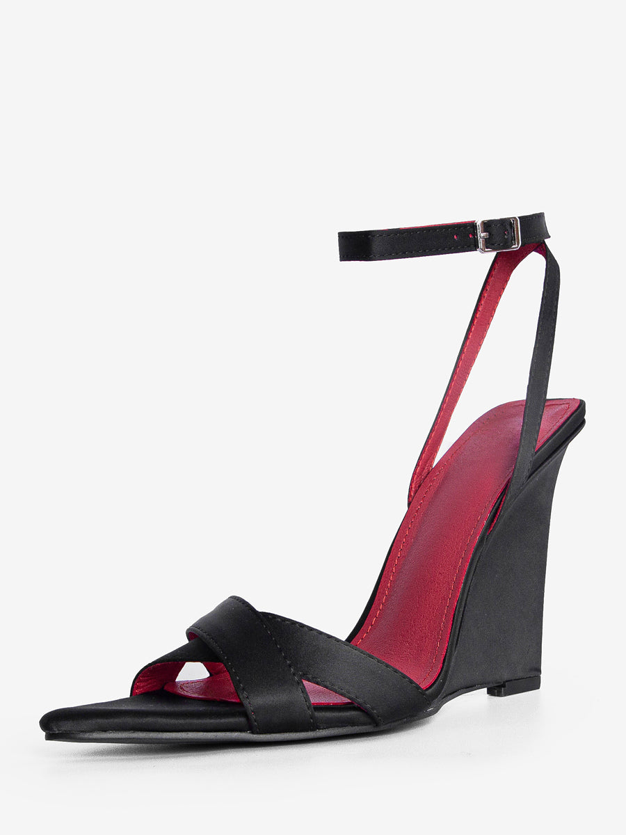 black open toe satin wedge sandals — view 2