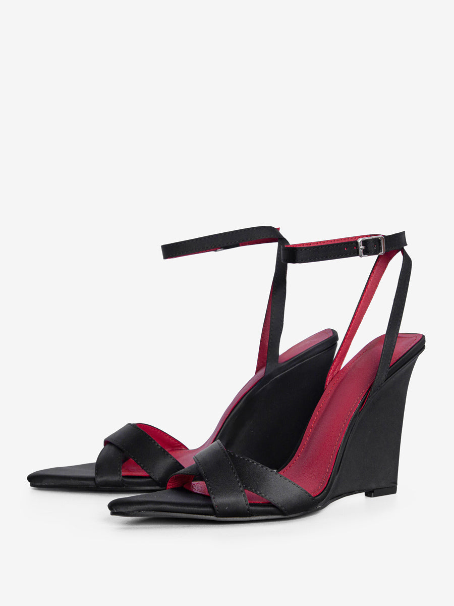 black open toe satin wedge sandals — view 1