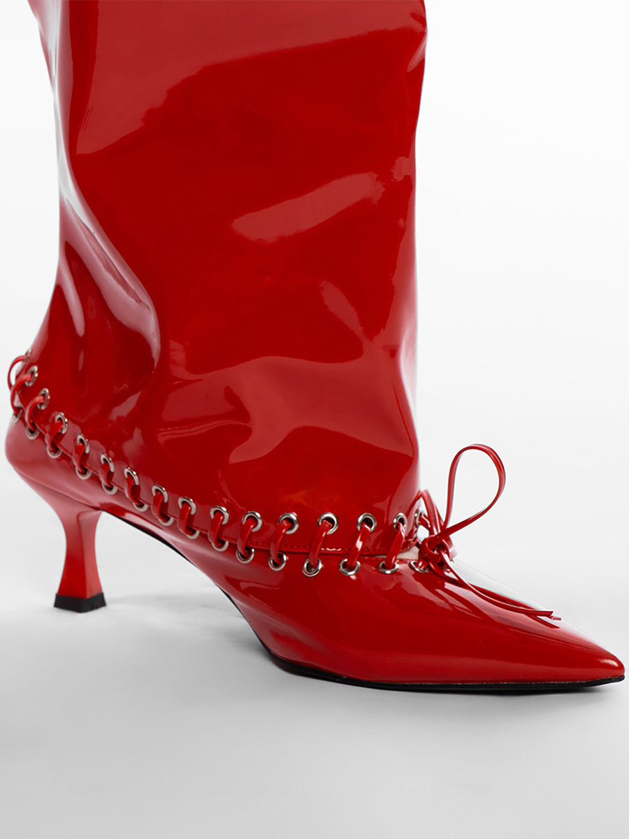 red pointed toe kitten heel knee high boots — view 8