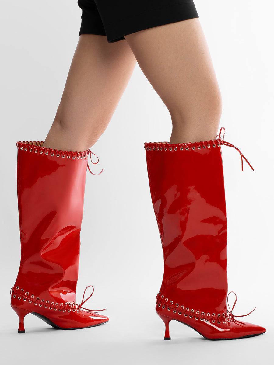 red pointed toe kitten heel knee high boots — view 7