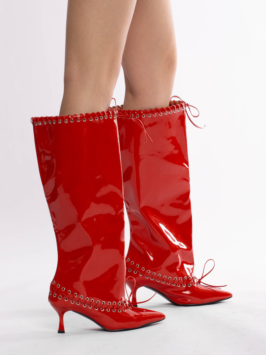 Red Pointed-Toe Kitten Heel Knee-High Boots — view 6