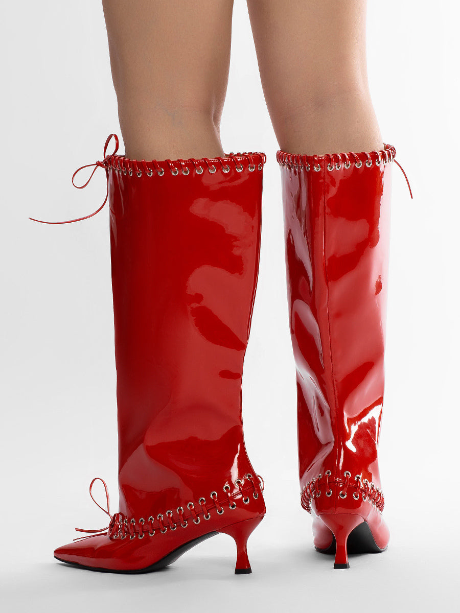 red pointed toe kitten heel knee high boots — view 5