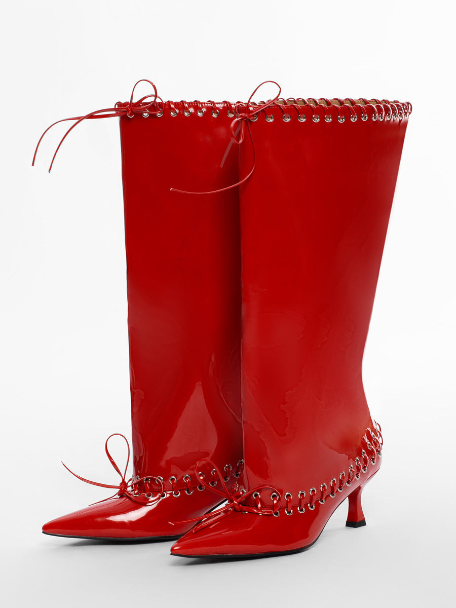 Red Pointed-Toe Kitten Heel Knee-High Boots — view 1