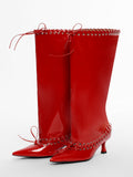 Red Pointed-Toe Kitten Heel Knee-High Boots — view 1