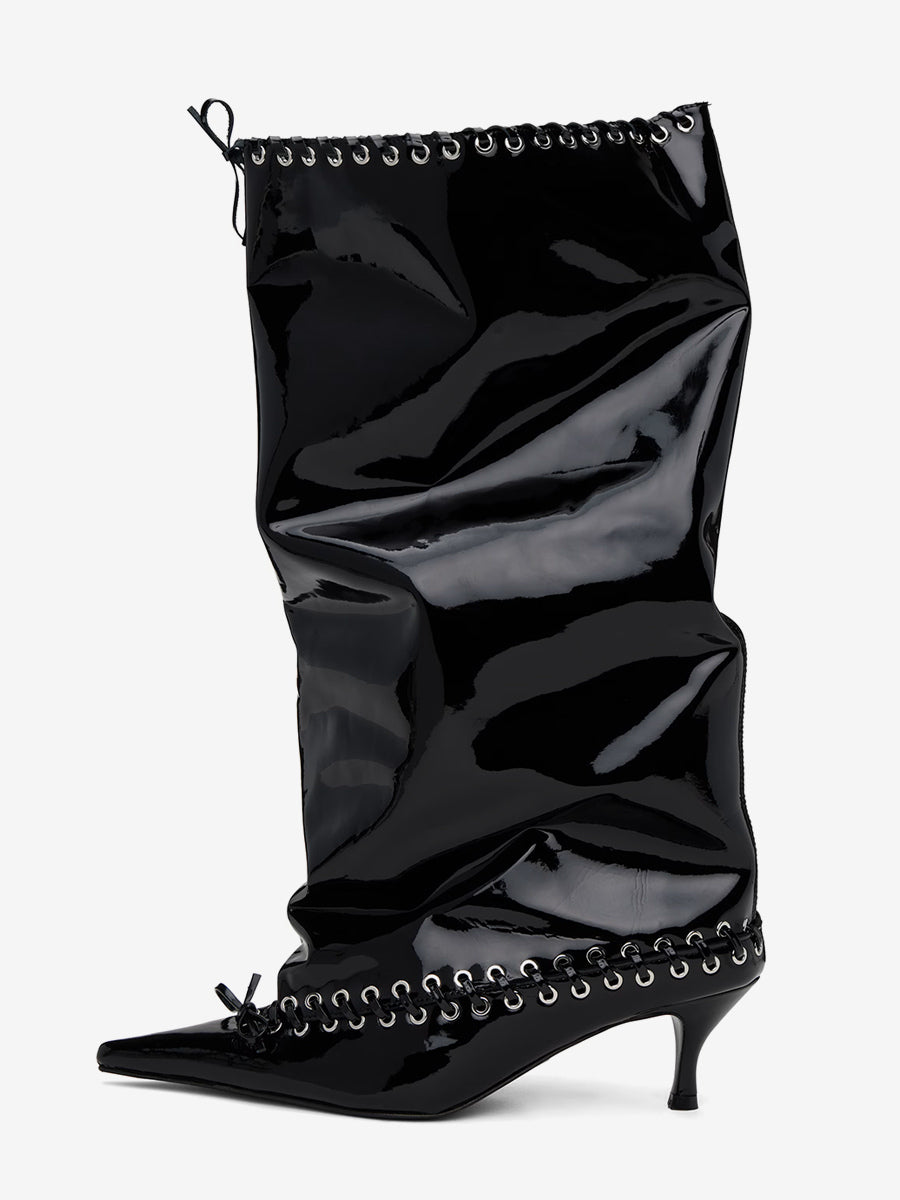 red pointed toe kitten heel knee high boots — view 9