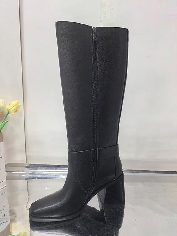 black square toe block heel buckle knee high boots — view 4