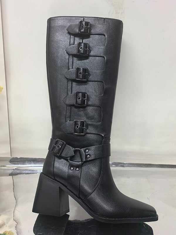 Black Square-Toe Block Heel Buckle Knee-High Boots — view 3