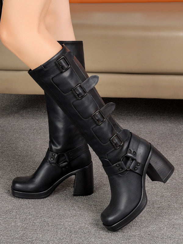 black square toe block heel buckle knee high boots — view 1