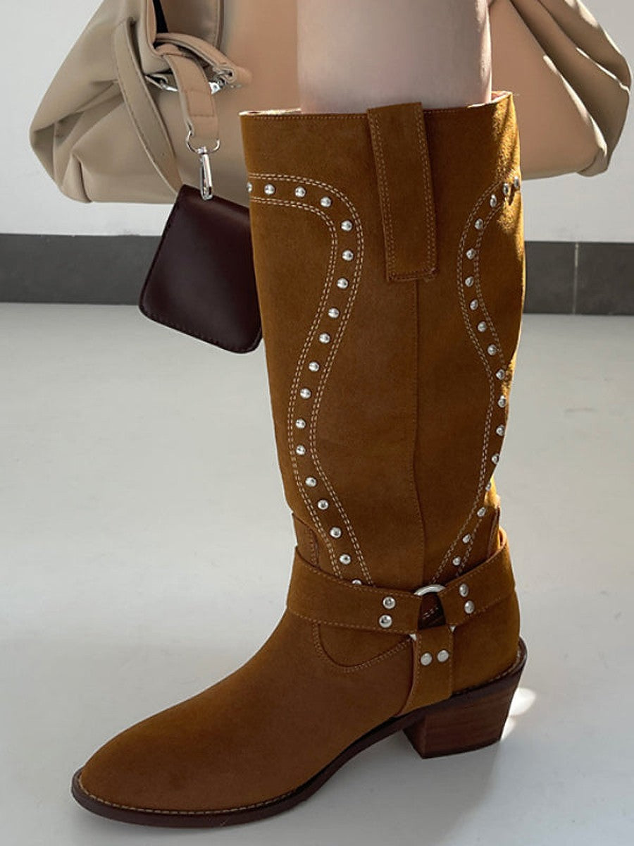 Brown Round-Toe Buckle Mid-Calf Boots — view 1
