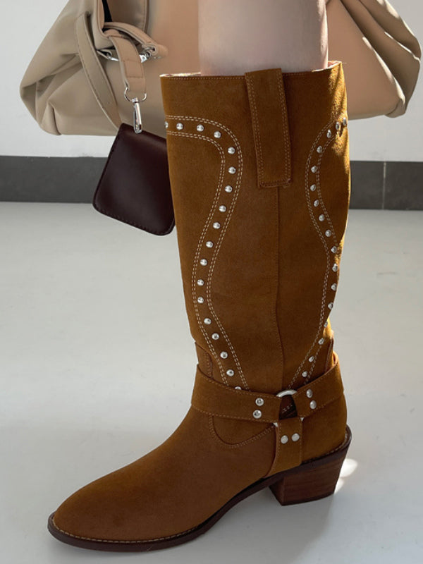 brown round toe buckle mid calf boots — view 1