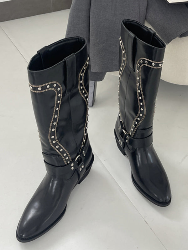 brown round toe buckle mid calf boots — view 4