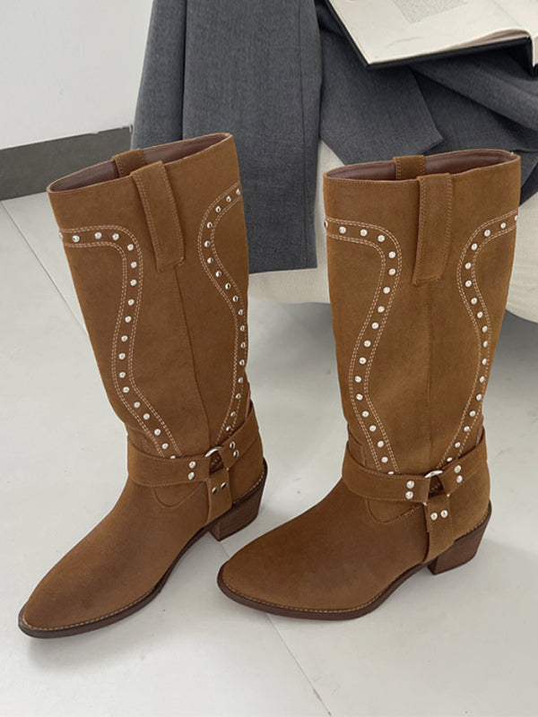 Brown Round-Toe Buckle Mid-Calf Boots — view 3