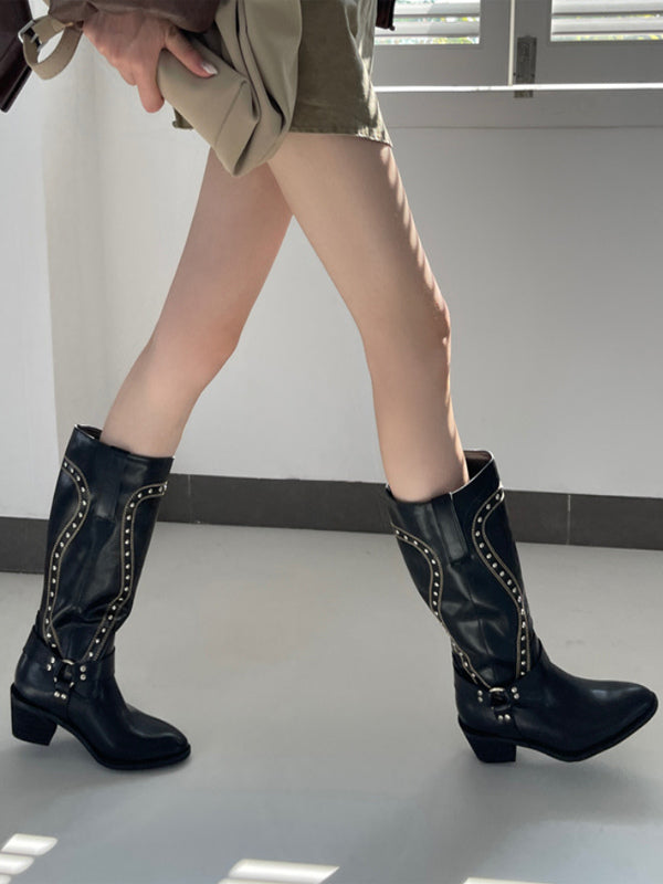 brown round toe buckle mid calf boots — view 7