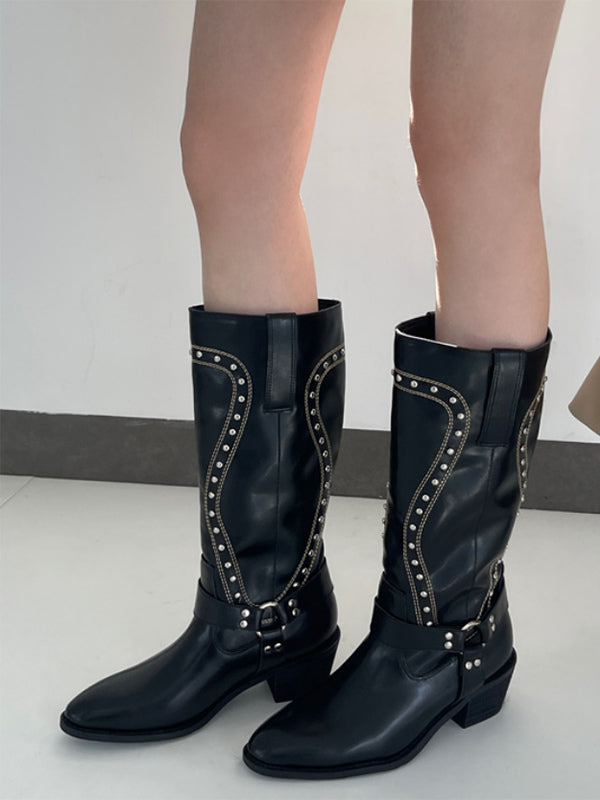 Brown Round-Toe Buckle Mid-Calf Boots — view 6