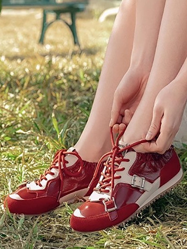 red round toe lace up buckle trainers — view 3