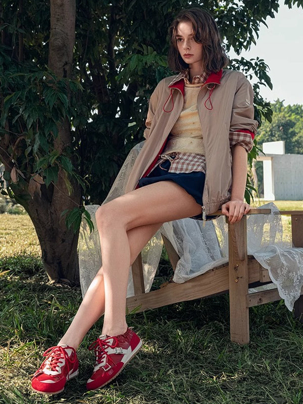 red round toe lace up buckle trainers — view 4