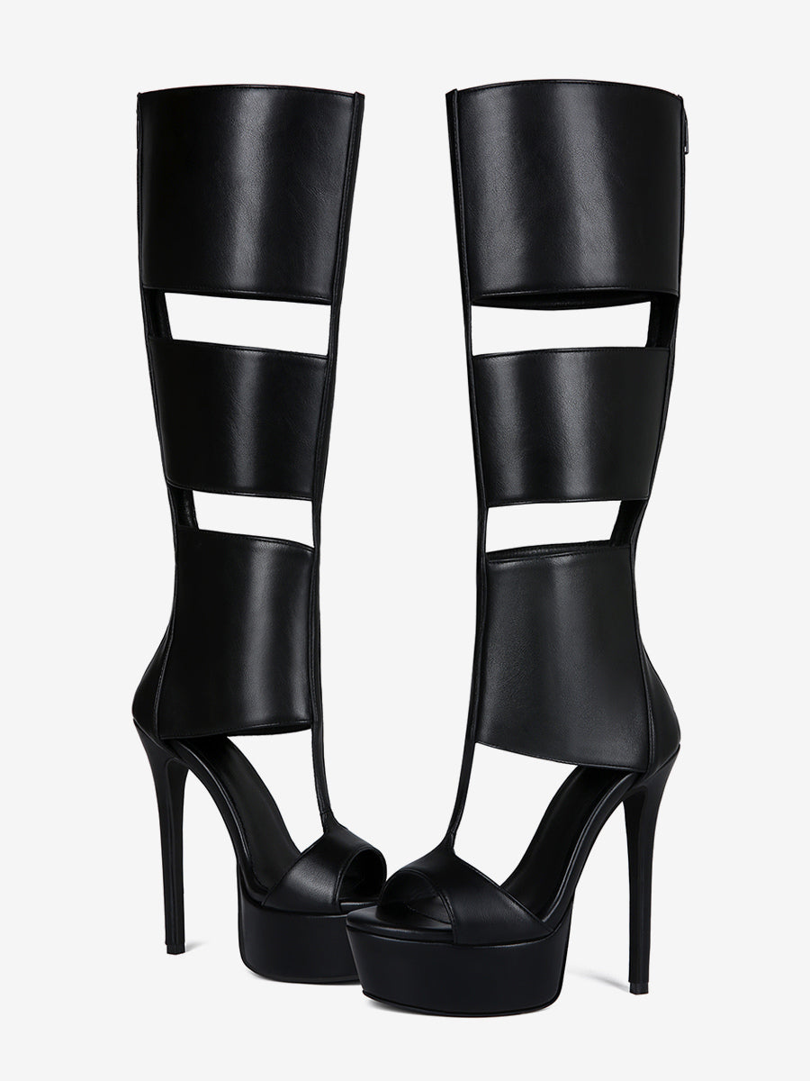 black open toe platform knee high gladiator sandals — view 3