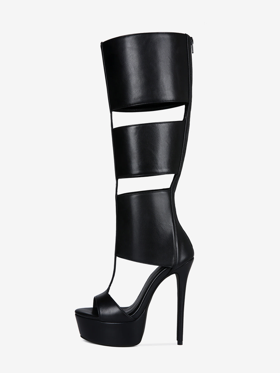Black Open-Toe Platform Knee-High Gladiator Sandals — view 2