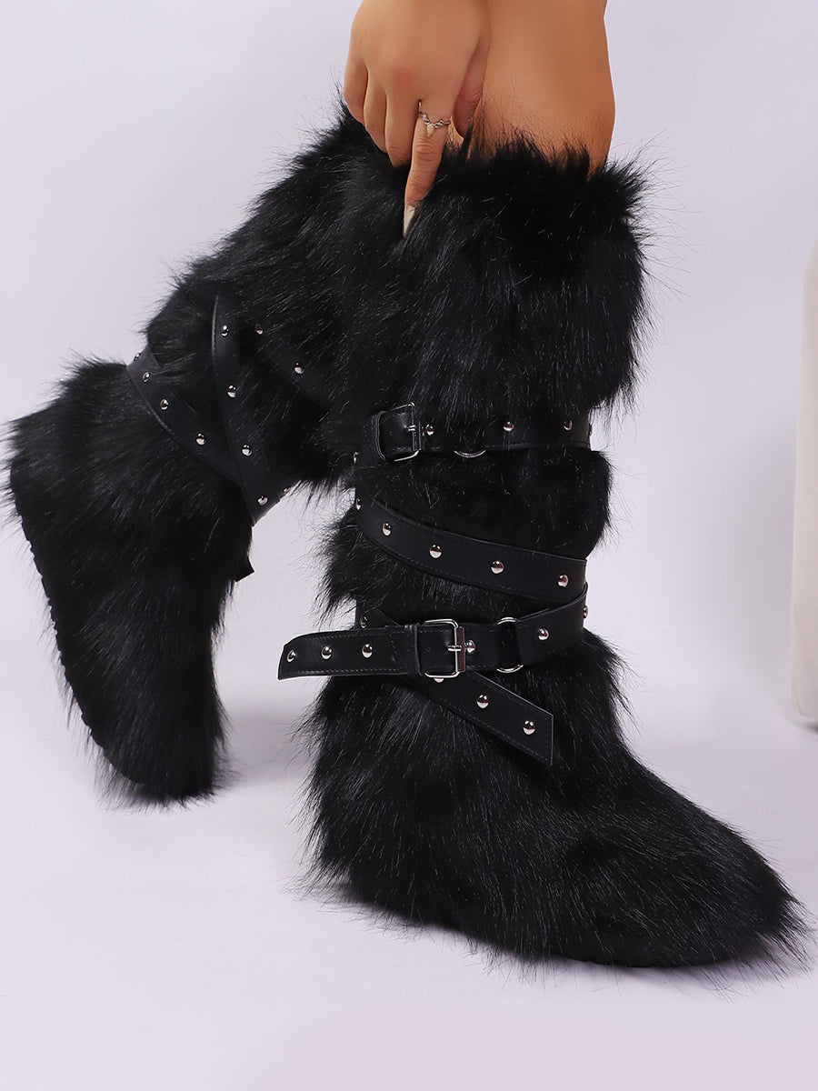 Rose Round-Toe Buckle Faux Fur Knee-High Boots — view 4