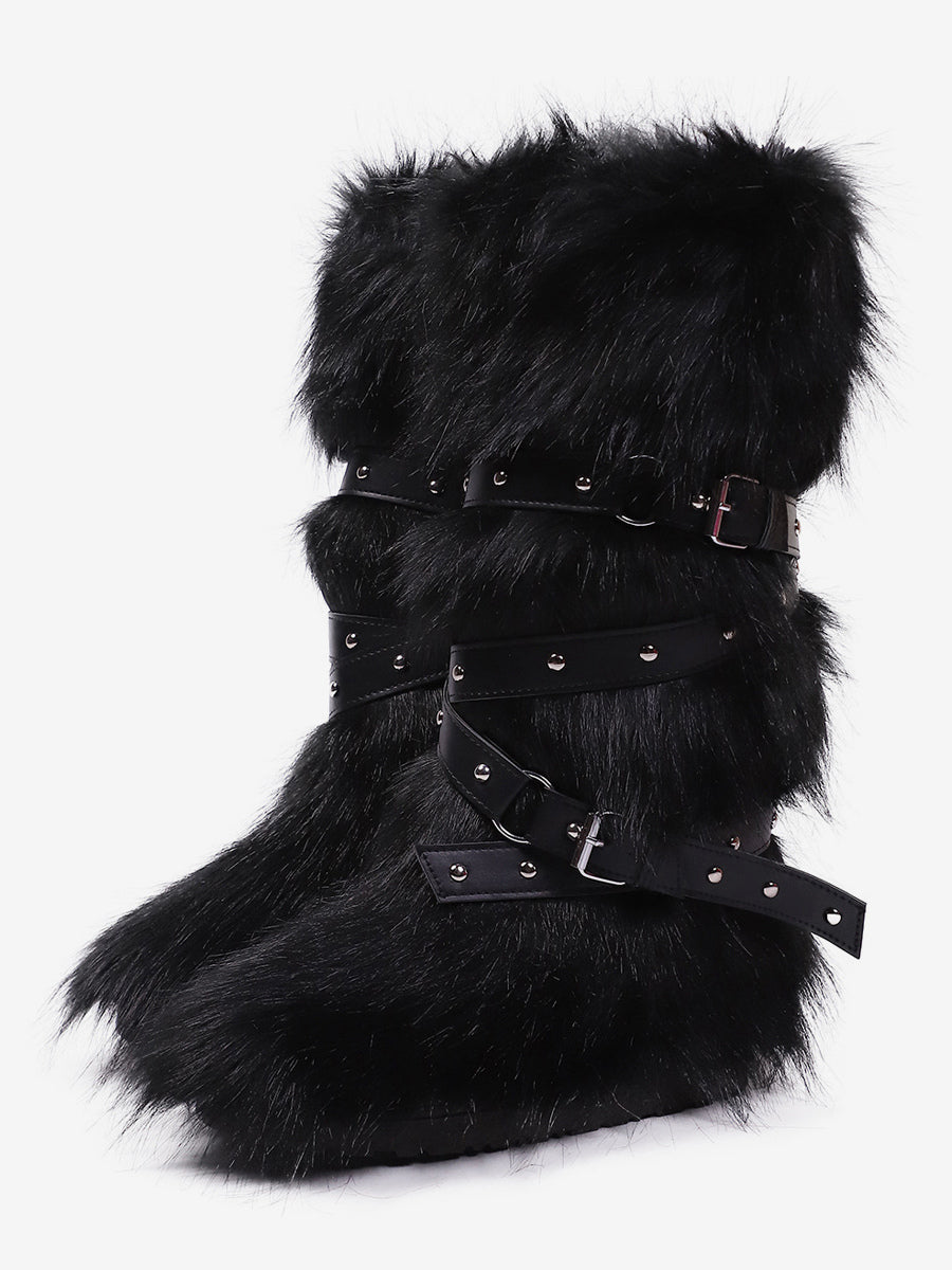 rose round toe buckle faux fur knee high boots — view 3