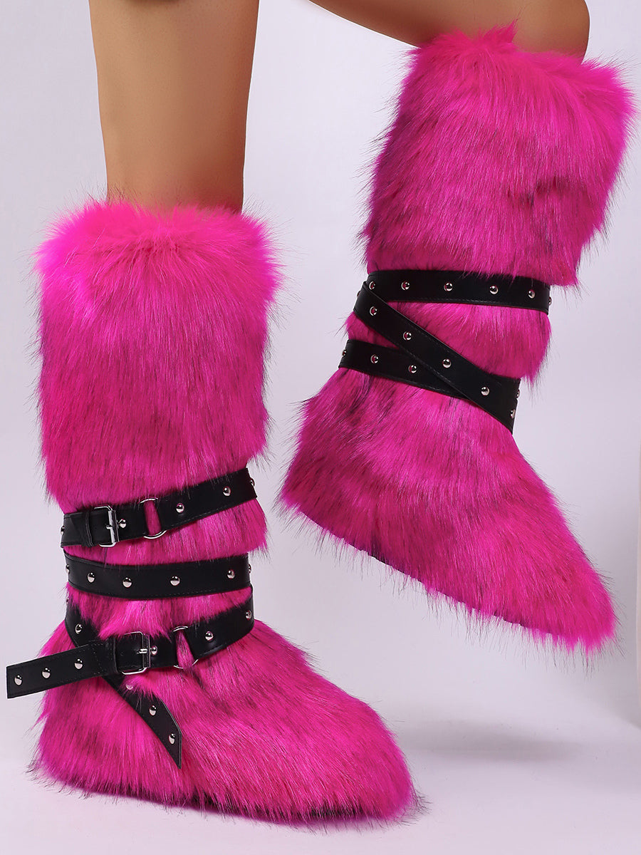 rose round toe buckle faux fur knee high boots — view 11