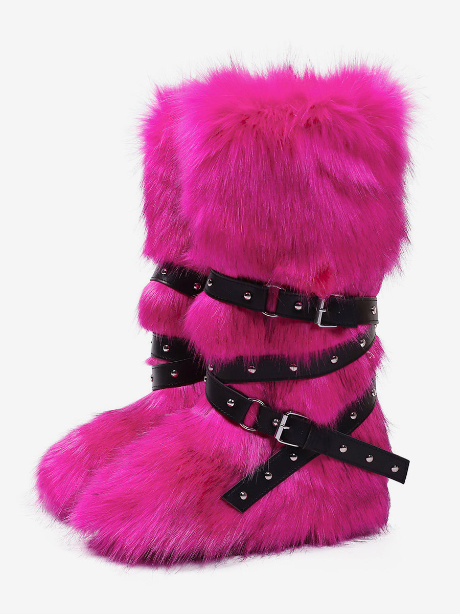 rose round toe buckle faux fur knee high boots — view 9
