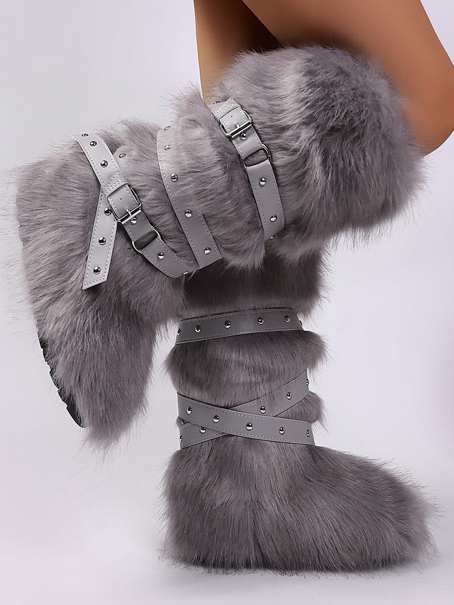 Rose Round-Toe Buckle Faux Fur Knee-High Boots — view 13