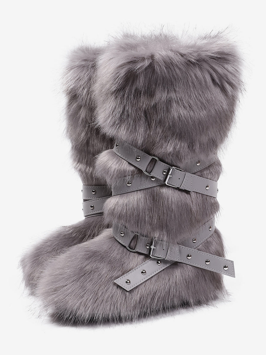 Rose Round-Toe Buckle Faux Fur Knee-High Boots — view 12