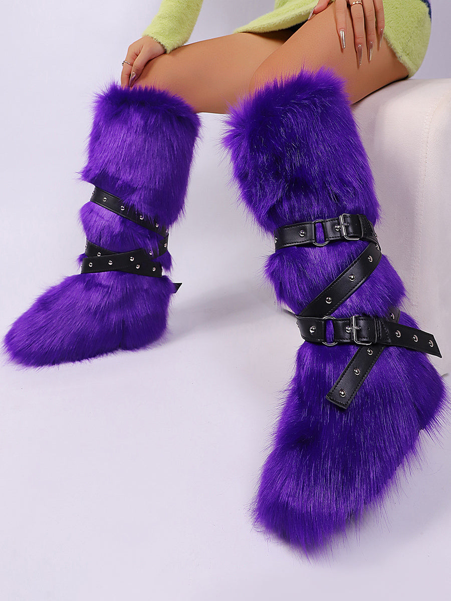 rose round toe buckle faux fur knee high boots — view 8