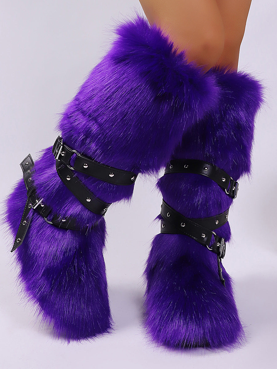 rose round toe buckle faux fur knee high boots — view 6