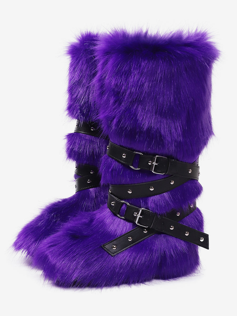 rose round toe buckle faux fur knee high boots — view 5