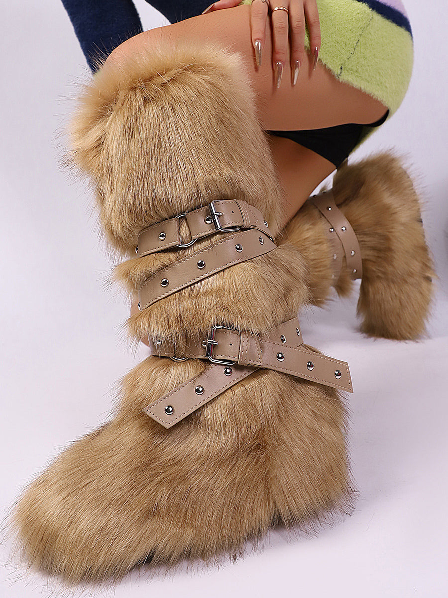 rose round toe buckle faux fur knee high boots — view 2