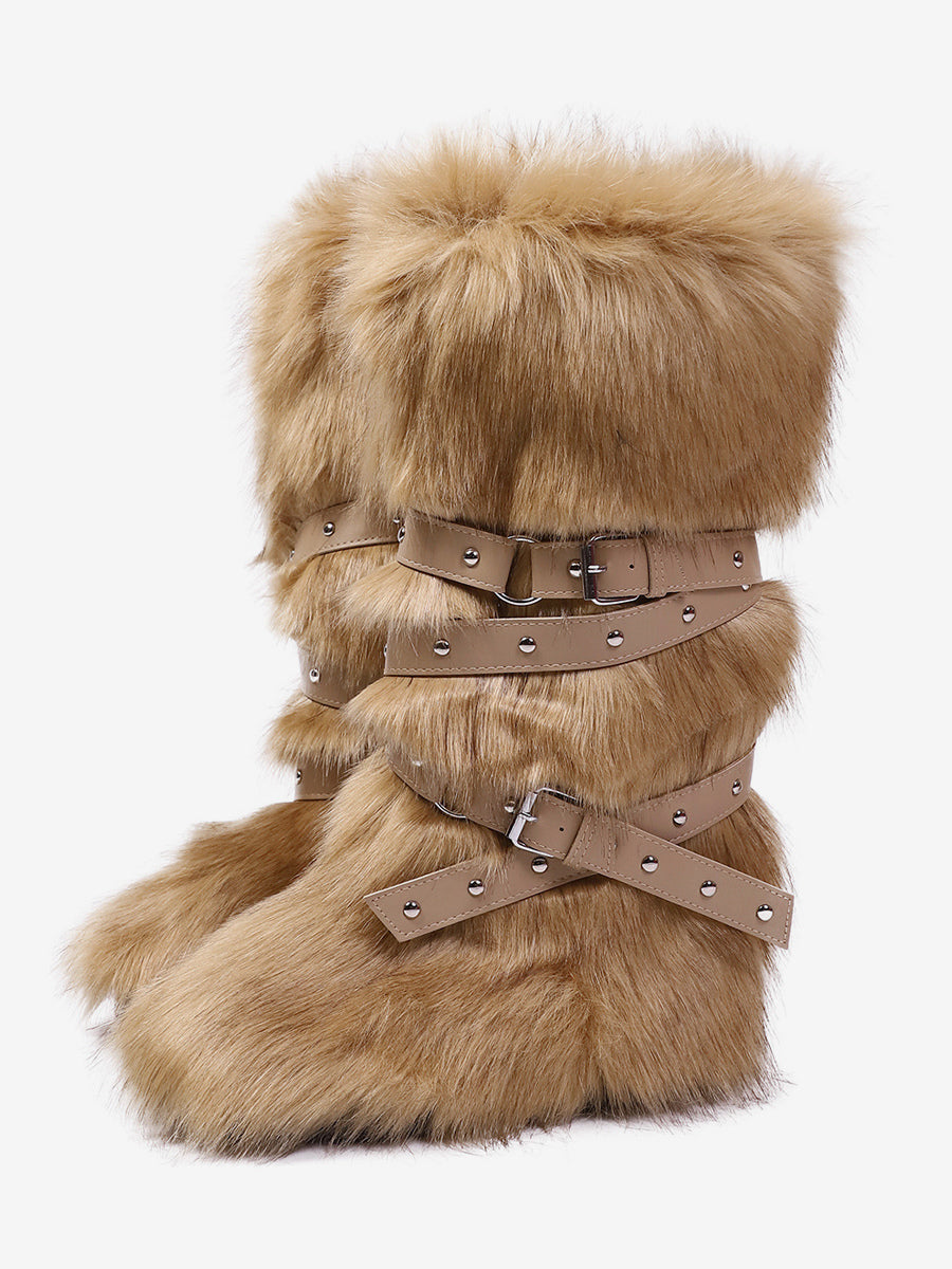 Rose Round-Toe Buckle Faux Fur Knee-High Boots — view 1
