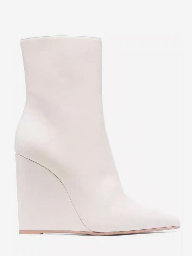 red pointed toe wedge zip ankle boots — view 5