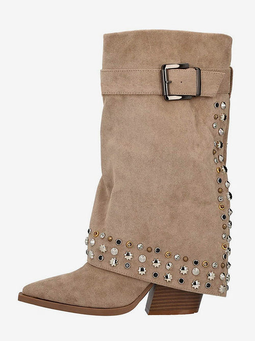 Apricot Pointed-Toe Block Heel Buckle Boots — view 1