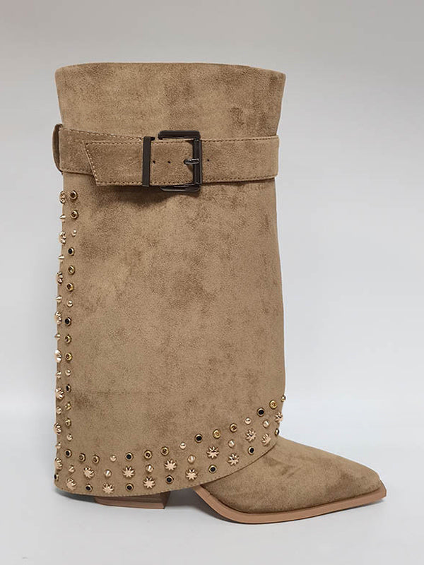 Apricot Pointed-Toe Block Heel Buckle Boots — view 2