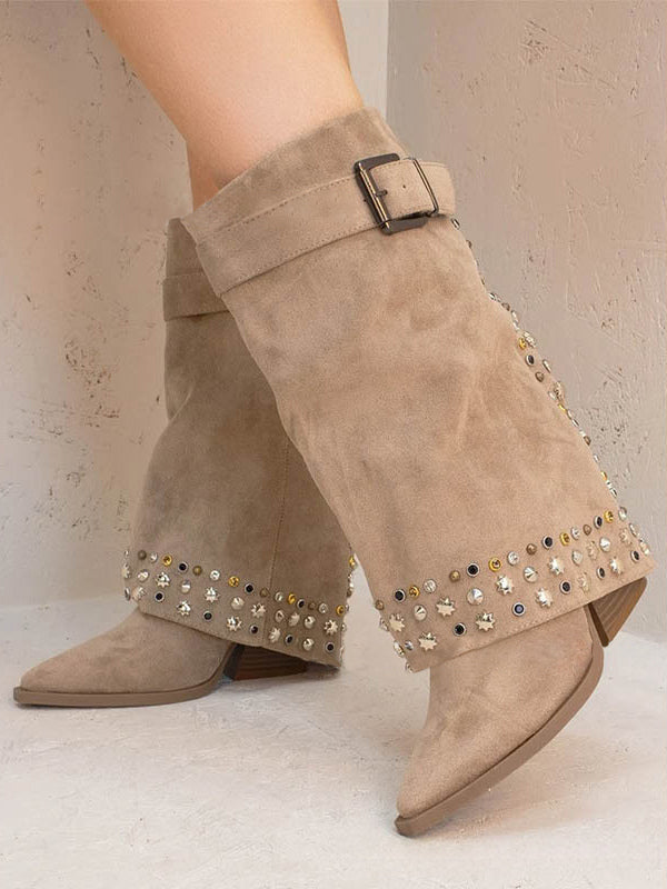 Apricot Pointed-Toe Block Heel Buckle Boots — view 3