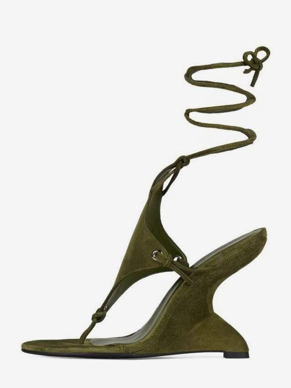 olive open toe lace up wedge sandals — view 4