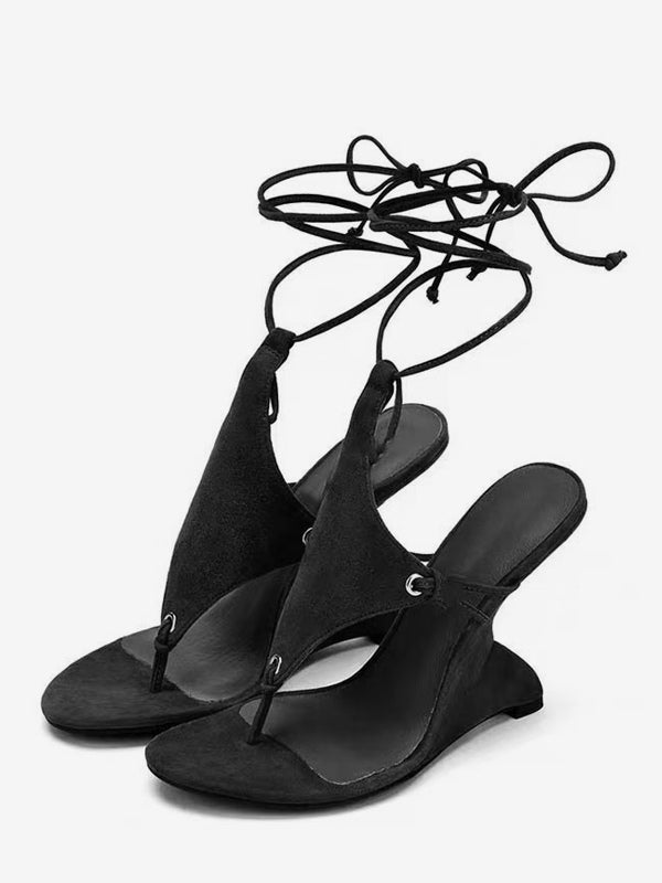 olive open toe lace up wedge sandals — view 2