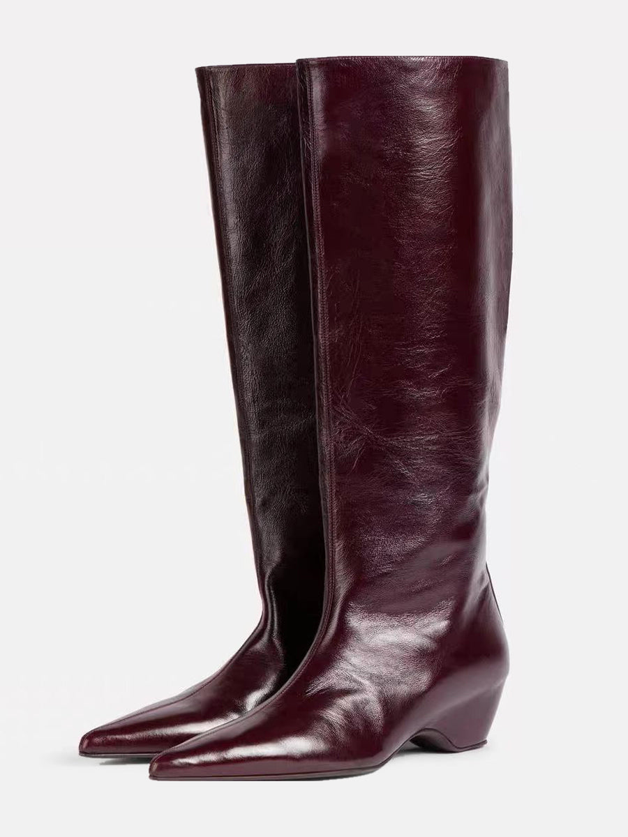 Burgundy Pointed-Toe Wedge Knee-High Boots — view 1