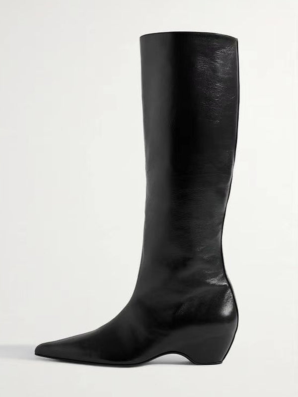 burgundy pointed toe wedge knee high boots — view 3