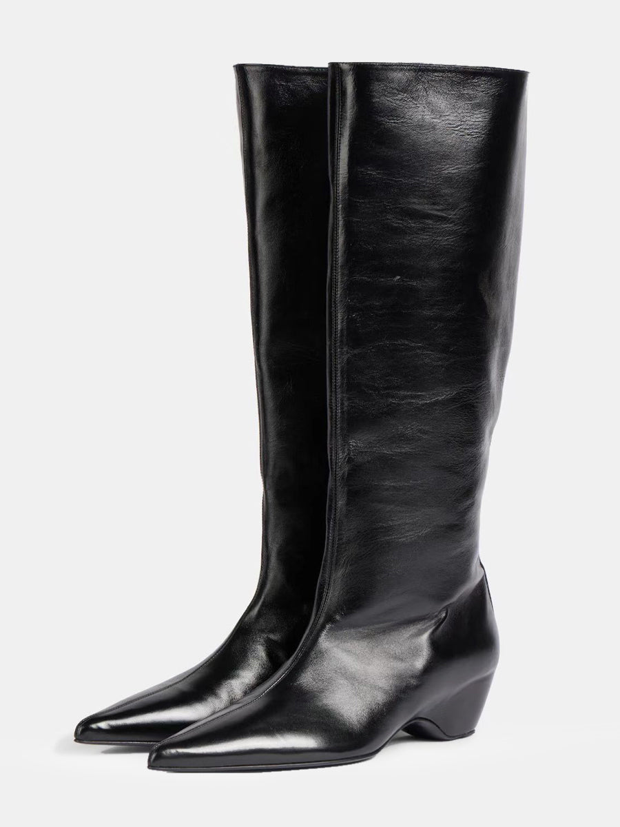 burgundy pointed toe wedge knee high boots — view 4