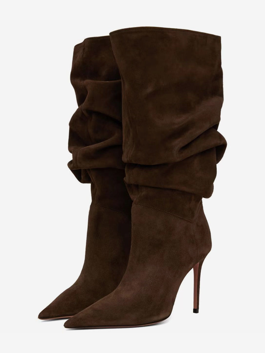 brown pointed toe suede effect boots — view 1